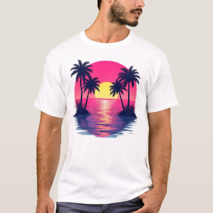 Praia do Pôr do Sol Retro Neon para Camiseta