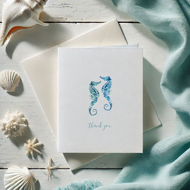 Praia Obrigado Cartões (Thank you cards folded watercolor turquoise blue seahorses by Victoria Grigaliunas Do Tell A Belle)