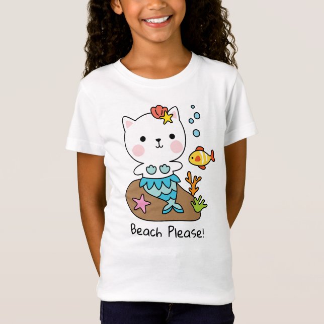 Praia, por favor | Mermaid Mermeow T-Shirt Engraça (Frente)