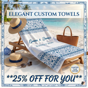 Praia Toalha de Férias Personalizada Elegante Azul Flora