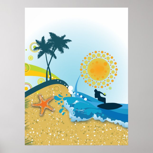 praia tropical, oceano com surfista poster impress (Frente)
