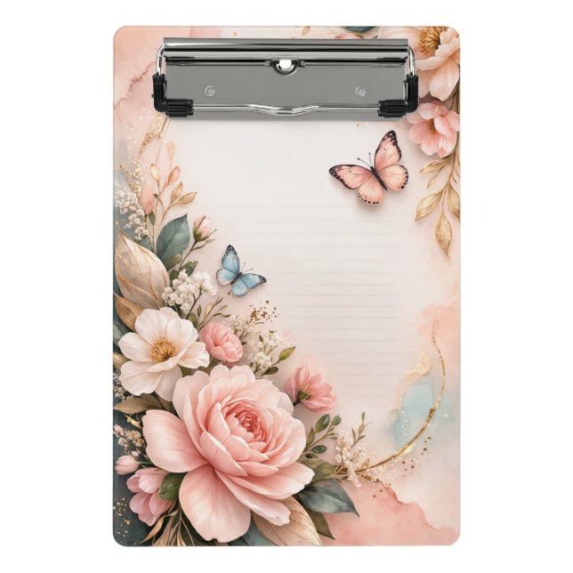 Prancheta Pink Floral Mini Clipboard – Cute Flower Stationer (Frente)