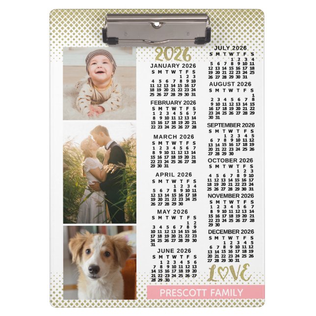 Pranchetas 2026 Calendar Blush Pink Gold Family Photo Collage (Frente)