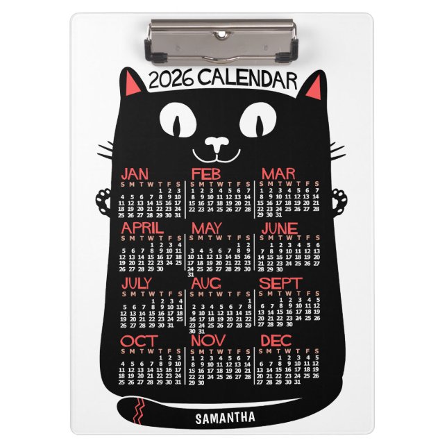 Pranchetas 2026 Year Monthly Calendar Mid-Century Black Cat (Frente)