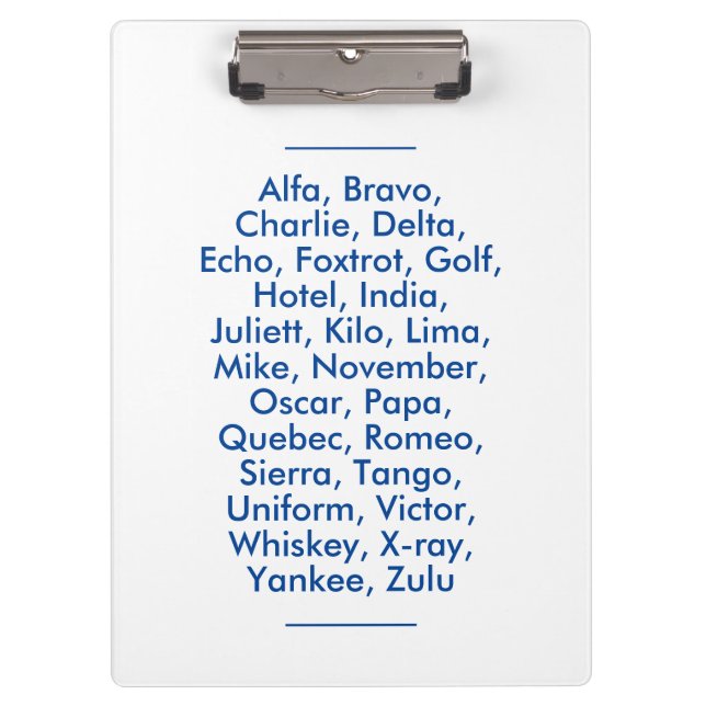 Pranchetas alfabeto fonético "NATO", Alfa a Zulu (Frente)