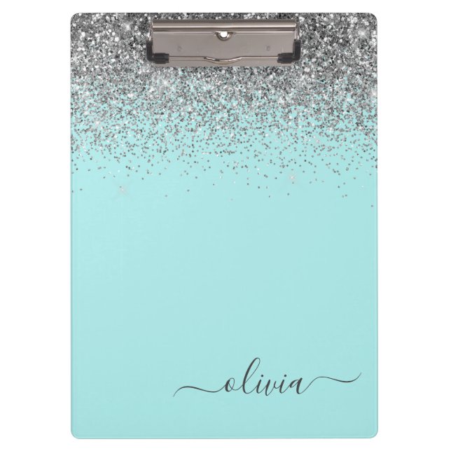 Pranchetas Aqua Azul Verde Turquesa Prateado Glitter Monogram (Frente)