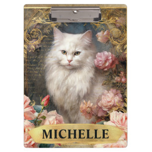 Pranchetas Aquarela Gato Branco Vintage e Rosas Pink