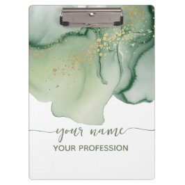 Pranchetas Aquarela Verde Sage Dourado Seu nome & Profissão