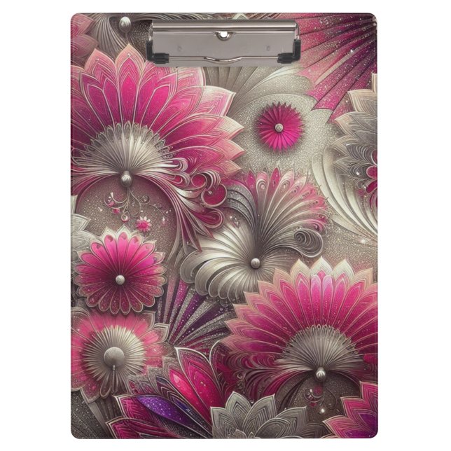 Pranchetas Art Nouveau Ventiladores rosa e prateados (Frente)