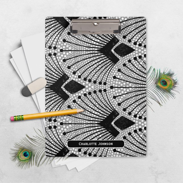 Pranchetas Arte Deco Cinza Vintage Retro Peacock Padrão (Modern Art Deco Gray Peacock Pattern Clipboard ©Susanne Sachers - Sunny Mind 🌞)