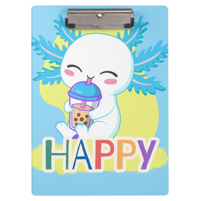 Pranchetas Axolote Feliz com Chá Boba – Bolha Kawaii Fofa (Frente)