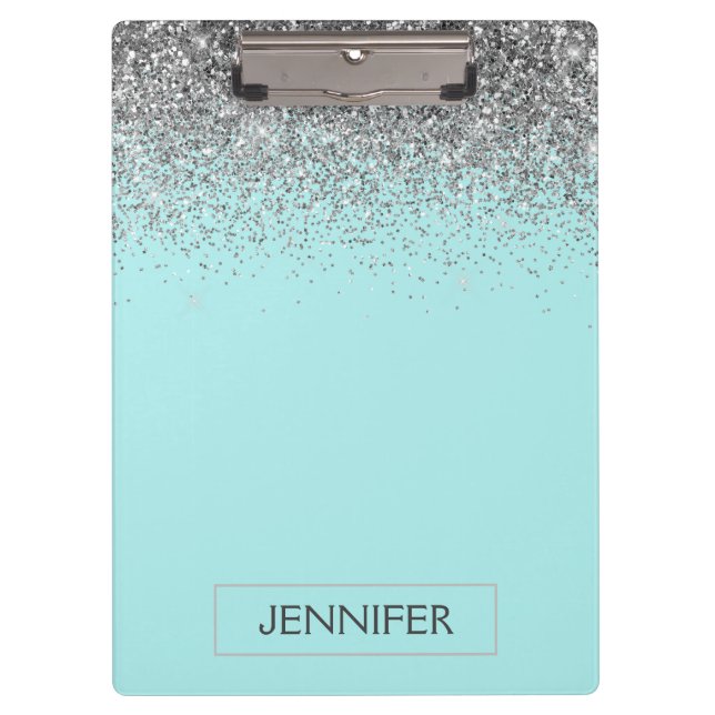 Pranchetas Azul Água Turquesa  Glitter Prateado Nome Monogram (Frente)