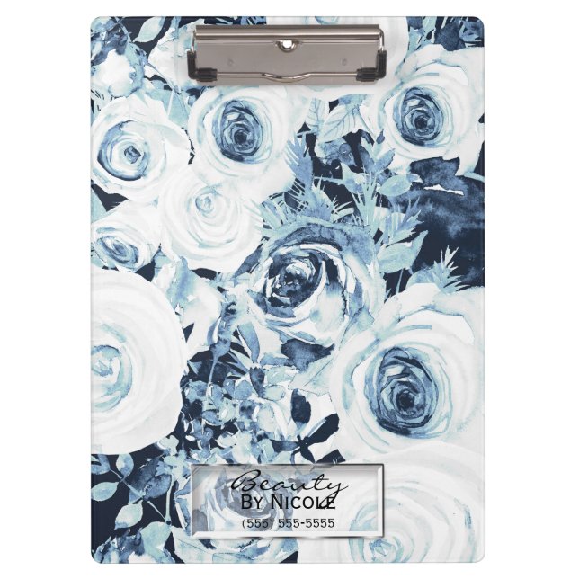 Pranchetas Azul e Rosas Brancas Glam Moderno Floral Personali (Frente)