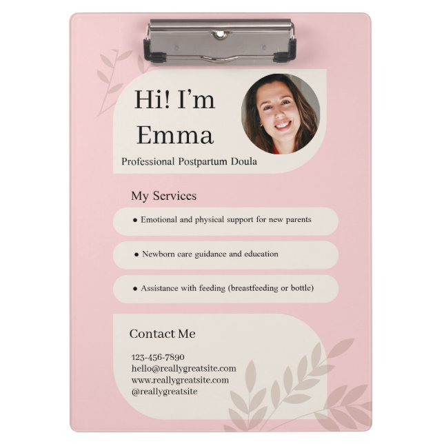 Pranchetas Blush Pink Postpartum Doula Professional Design (Frente)