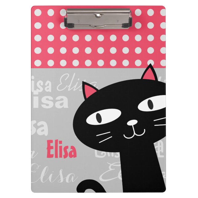 Pranchetas Bolinhas Rosa Gato Preto-Grito Adicionam Seu Nome (Frente)