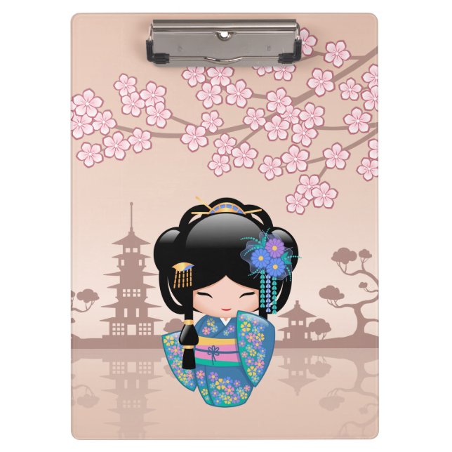 Pranchetas Boneca Keiko Kokeshi - Rapariga Kimono Geisha Azul (Frente)