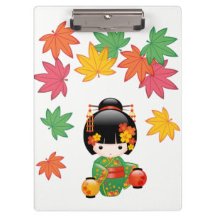 Pranchetas Boneca Kokeshi verde Kimono Geisha