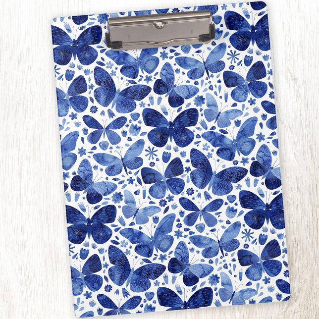 Pranchetas Borboleta Aquarela Azul (Indigo blue watercolor butterfly pattern clipboard)