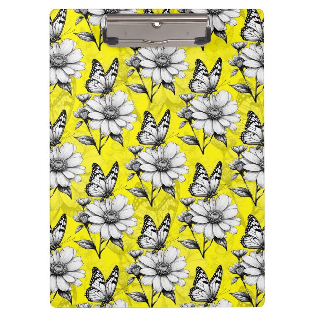Pranchetas Borboleta Sobre Padrão De Flor Design amarelo (Frente)