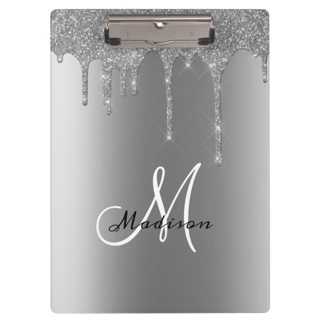 Pranchetas Brilho com Monograma Prateado Pingando Bonito Nome (Frente)