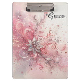 Pranchetas Brilho Prateado Rosa Sparkle Flor Personalizada