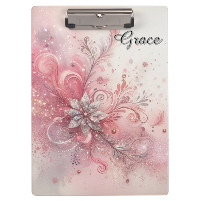 Pranchetas Brilho Prateado Rosa Sparkle Flor Personalizada (Frente)