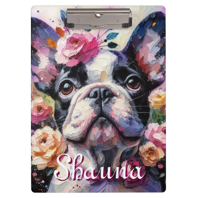 Pranchetas Bulldog Francês com Rosas Floral Personalizado (Frente)