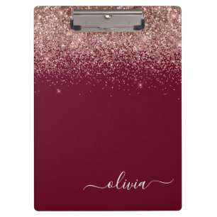 Pranchetas Burgundy Rose Gold Blush Pink Glitter Monograma