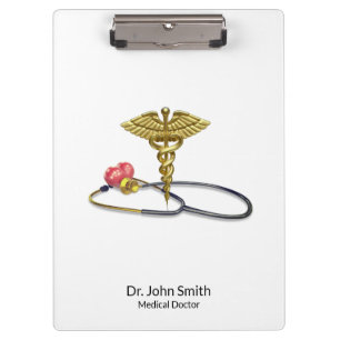 Pranchetas Caduceu Médico Dourado & Estetoscópio com Coração