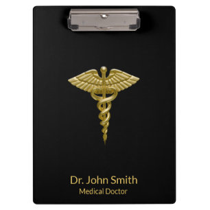 Pranchetas Caduceus Dourado médico elegante no preto -