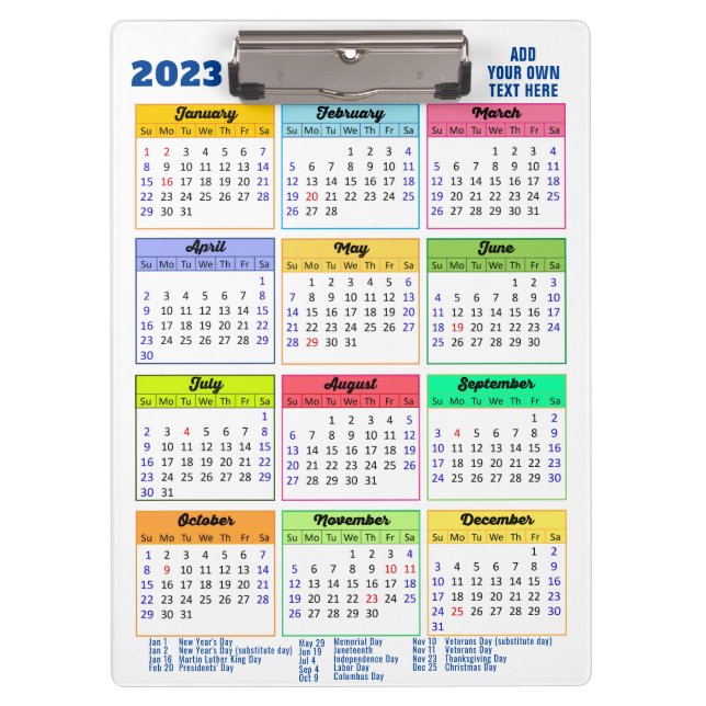 Pranchetas Calendário 2023 com feriados públicos Azul moderno (Frente)