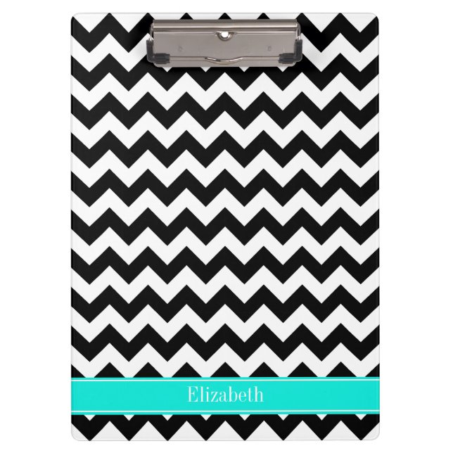 Pranchetas Chevron branco preto Zig Zag Brt Aqua Name Monogra (Frente)