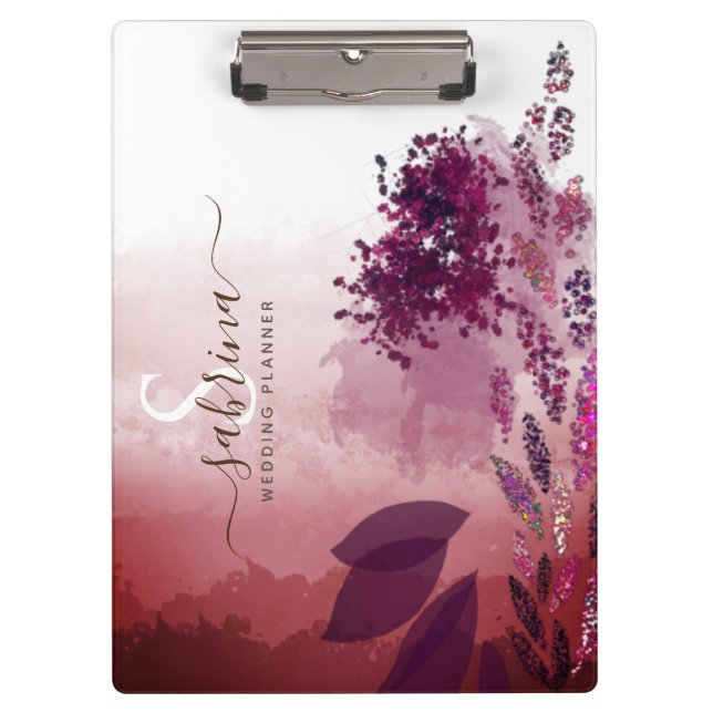 Pranchetas Chic Burgundy Watercolor Monograma Floral Assinatu (Frente)