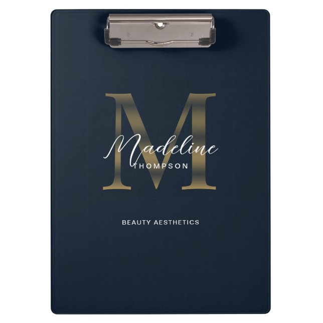 Pranchetas Chic Script Metallic Navy Blue Gold Monogram (Frente)
