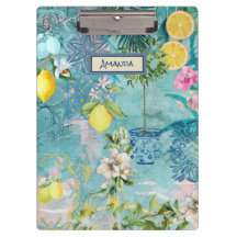 Colagem chique azul-turquesa siciliana floral cítr