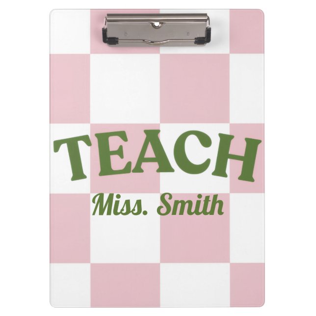 Pranchetas Customizable Pink Checkered Teacher Clipboard  (Frente)