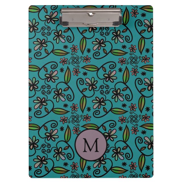 Pranchetas Cute Teal Floral Pattern Monogram (Frente)