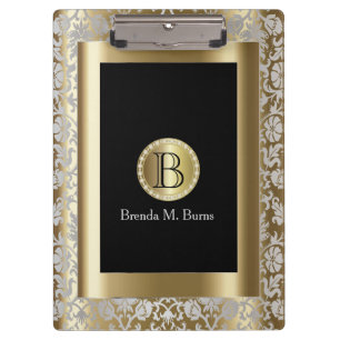 Pranchetas Damasco de prata e monograma floral Dourado