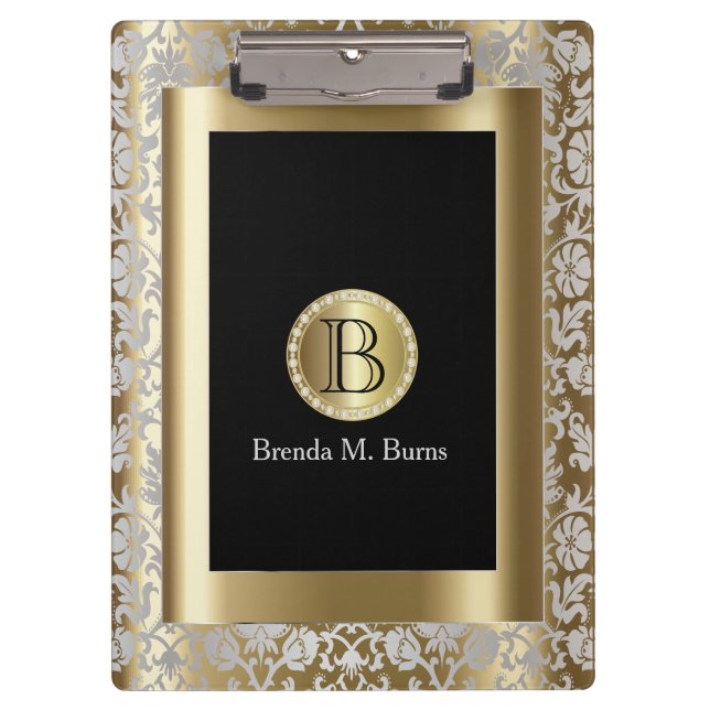 Pranchetas Damasco de prata e monograma floral Dourado (Frente)