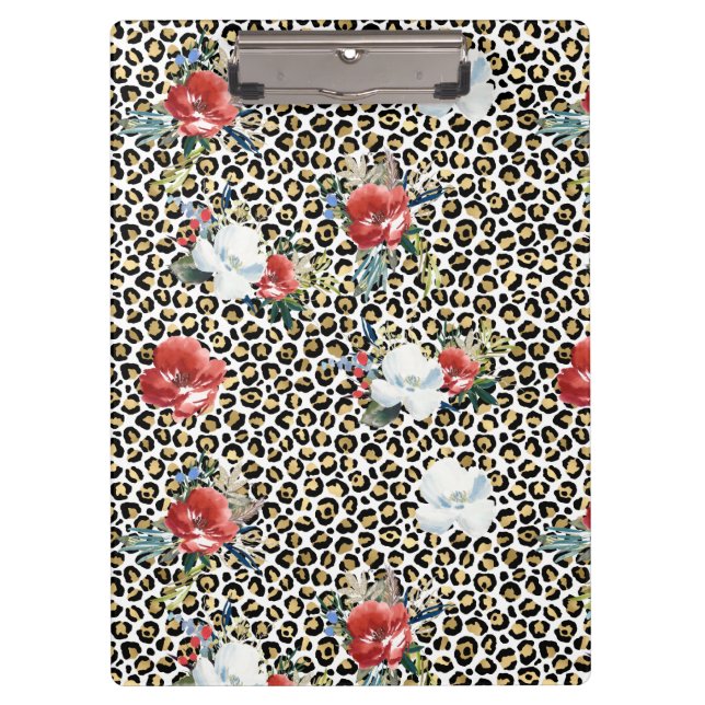Pranchetas Dourado Leopardo Impresso Vermelho Floral Branco (Frente)
