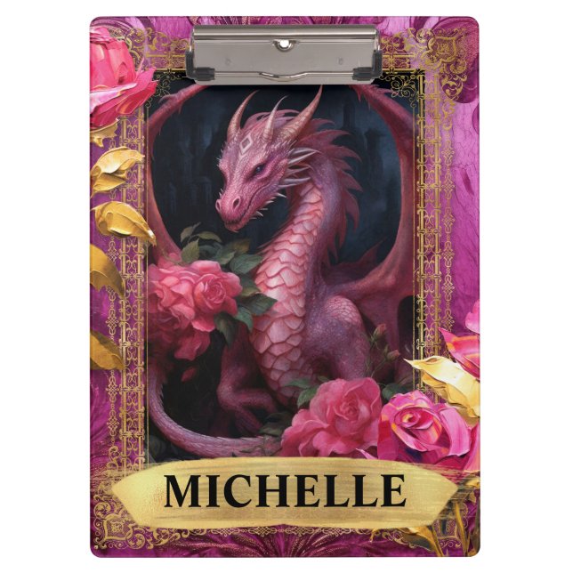 Pranchetas Dragão Romântico Fuchsia e Rosas Fantasia (Frente)