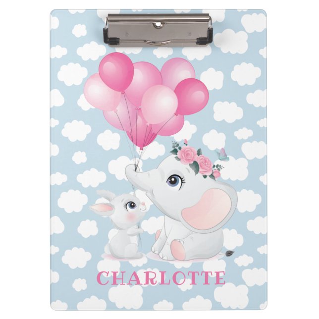 Pranchetas Elefante Feminino e Coelho com Flores e Balão (Frente)