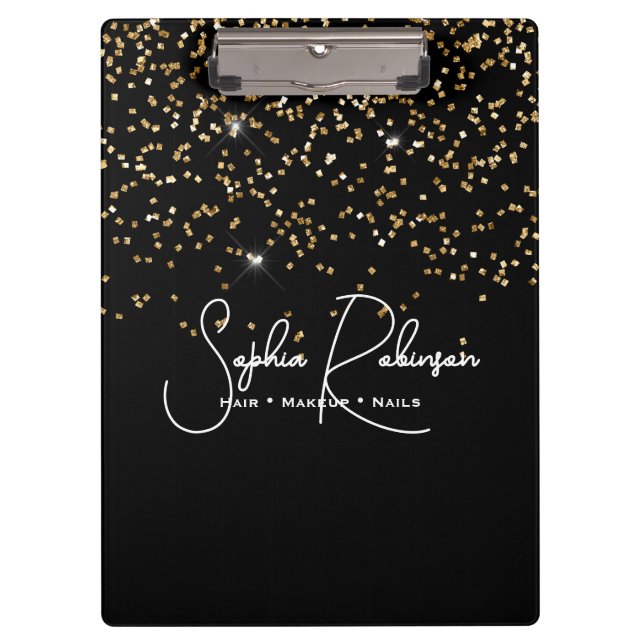 Pranchetas Elegant Black and Gold Glitter Salon Business (Frente)