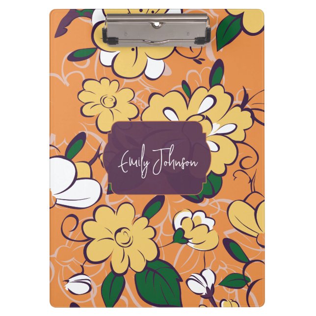 Pranchetas Elegant Botanical Custom Name Orange White Floral (Frente)