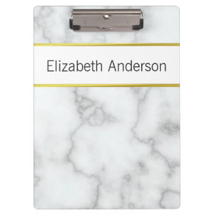 Pranchetas Elegante Faux White Marble Name Black Text Modelo