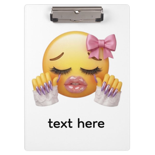 Pranchetas Emoji Sassy Enrubescida com Laço Rosa e Unhas Long (Frente)