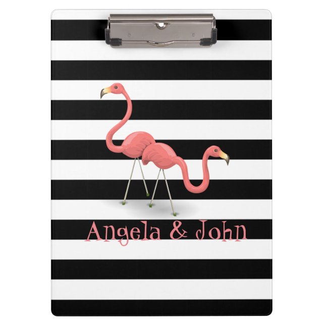 Pranchetas Flamingos Fofos Personalizados, Listras Pretas e B (Frente)