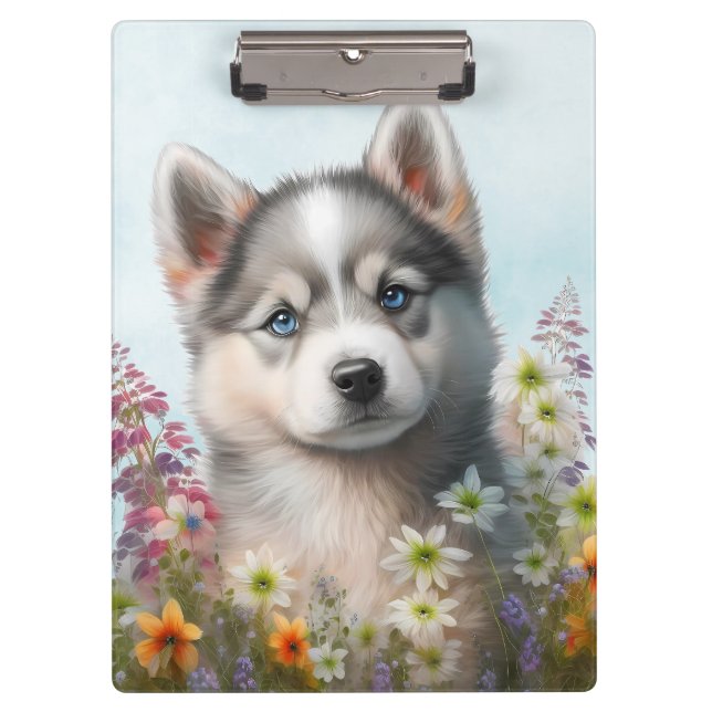 Pranchetas Flores em Aquarela e Cachorrinho Husky Siberiano (Frente)