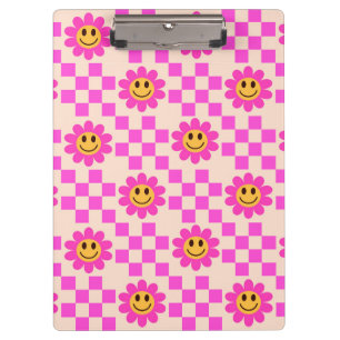 Pranchetas Flores Sorrindo Xadrez Rosa Quente com Quadrados 