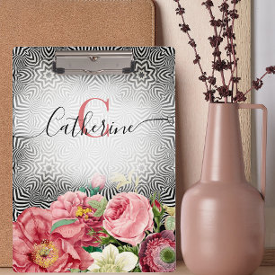 Pranchetas Flores Vintage em Nome Branco Preto e Monograma